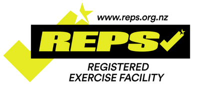 Logo For Registered Exercise Facility. The image shows the word "REPS" in bold yellow-green text with a check mark, stars, and geometric shapes surrounding it on a transparent background.